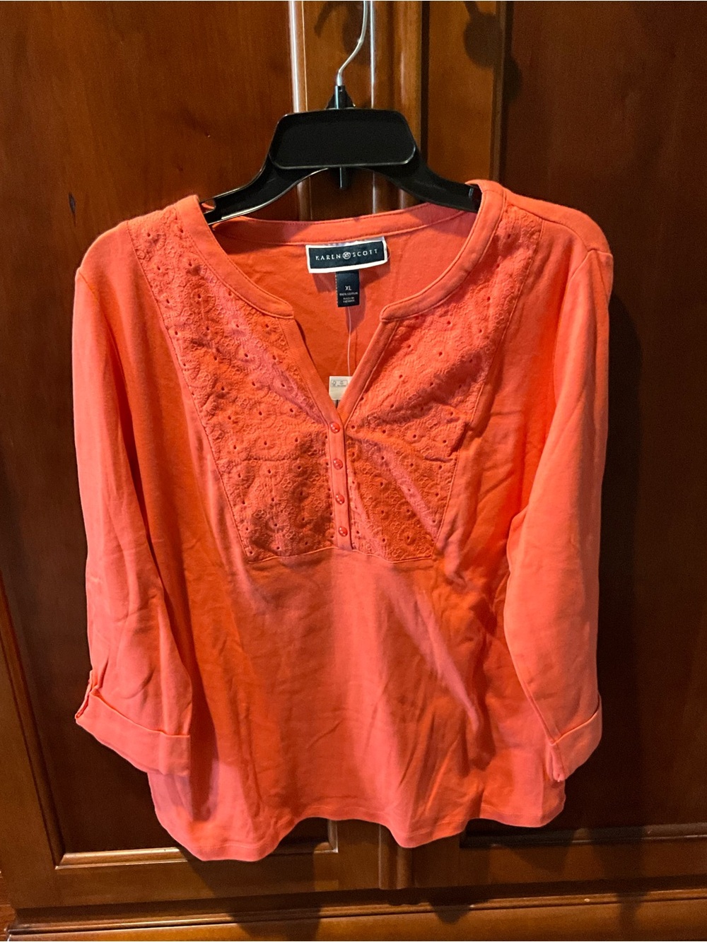 NWT Karen Scott Coral Embroidered Split-Neck Women’s Top Size Xlarge